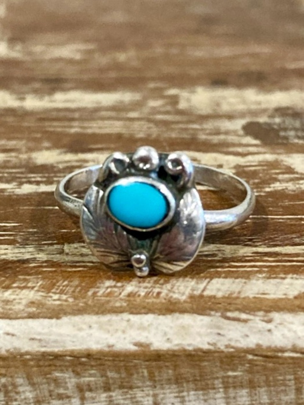 Super Tiny Silver Tone Ring with Turquoise Colored Center • Size 2.25 - Picture 13 of 16